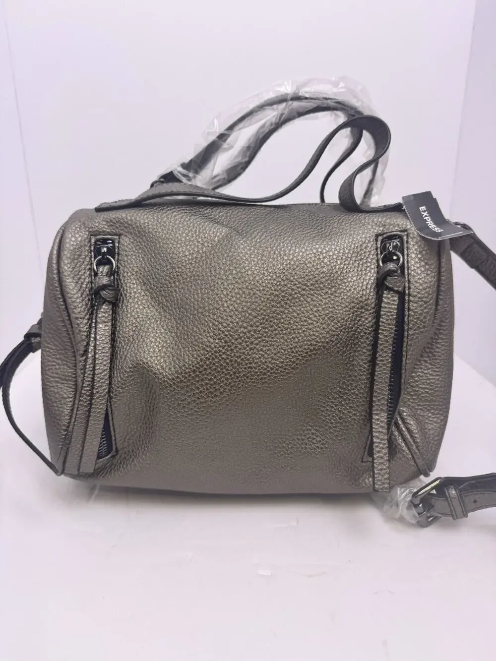 Express Gunmetal Metallic Pebbled Faux Leather Crossbody Handbag NWT Zip Pockets